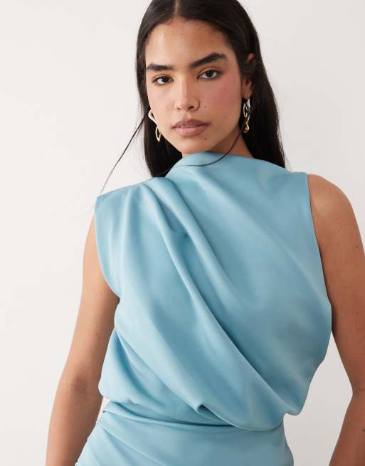 ASOS DESIGN - Vestido midi azul estructurado con diseño drapeado y abertura, 4 de 4