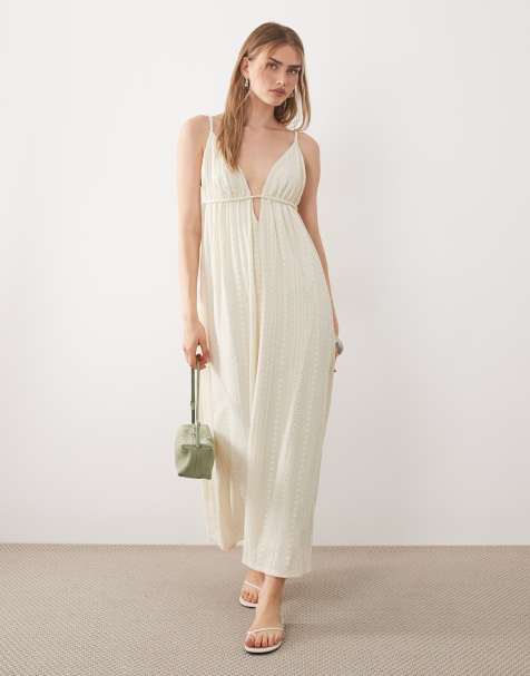 ASOS DESIGN - Vestido midi beis con cuello de pico y diseño bordado - view 1