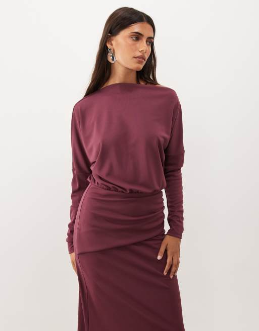 ASOS DESIGN - vestido midi blusón de manga larga con escote asimétrico en malva, 2 de 4