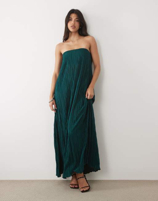 ASOS DESIGN - Vestido midi color cerceta plisado de corte trapecio con escote palabra de honor, 1 de 4