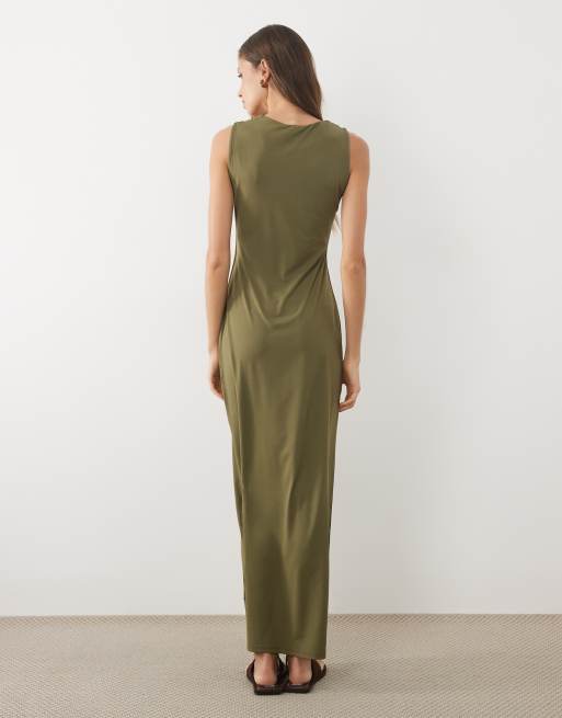 ASOS DESIGN - vestido midi con cuello redondo y detalle de cuentas en caqui, 3 de 4