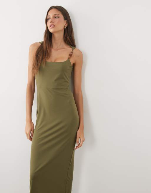 ASOS DESIGN - vestido midi con cuello redondo y detalle de cuentas en caqui, 4 de 4