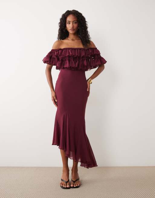 ASOS DESIGN - vestido midi con mezcla de encaje, escote Bardot y volante en burdeos, 2 de 4