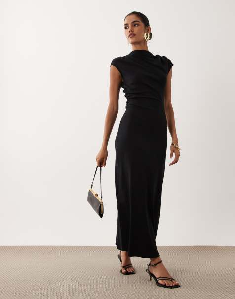 ASOS DESIGN - vestido midi de canalé con fruncido lateral en negro - view 1