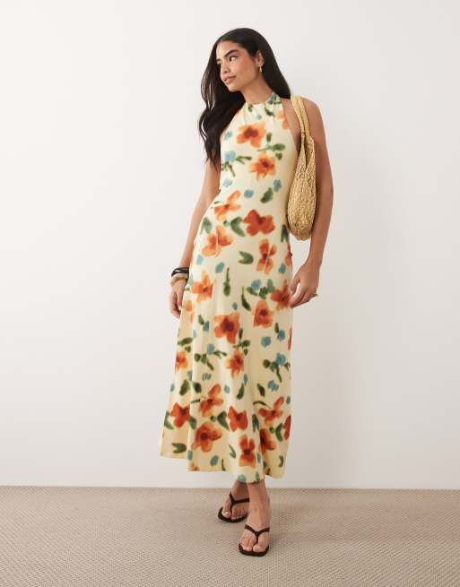 ASOS DESIGN - Vestido midi de corte trapecio con cuello halter y estampado floral difuminado, 2 de 4
