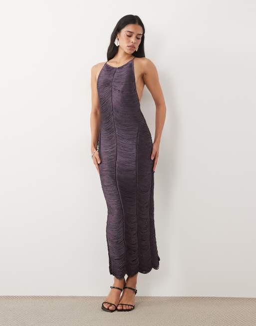 ASOS DESIGN vestido midi de cuello alto tipo camisola con flecos en morado, 1 de 4