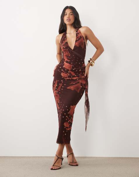 ASOS DESIGN - vestido midi de malla con cuello halter y falda con lazada amplia en estampado floral marrón - view 1