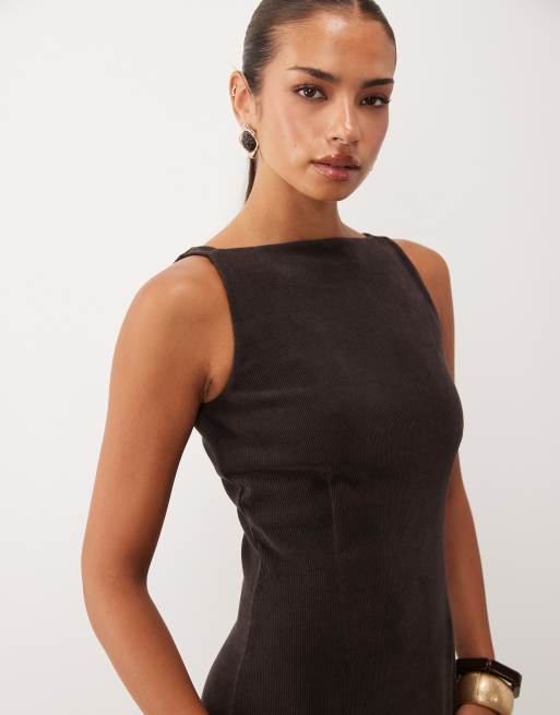 ASOS DESIGN - vestido midi de pana suave con cuello barco en marrón, 3 de 4