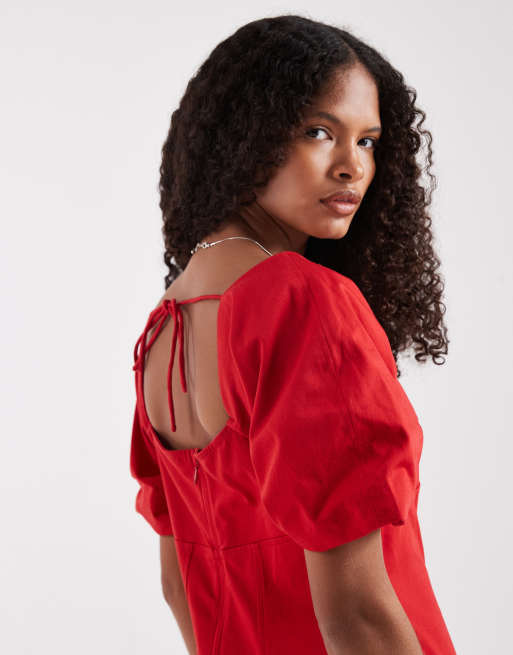 ASOS DESIGN - vestido midi estructurado de algodón con cuello cuadrado y tira trasera en rojo tomate, 2 de 4