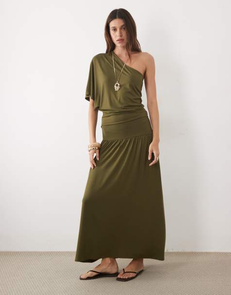 ASOS DESIGN - vestido midi holgado con hombros descubiertos en caqui - view 1