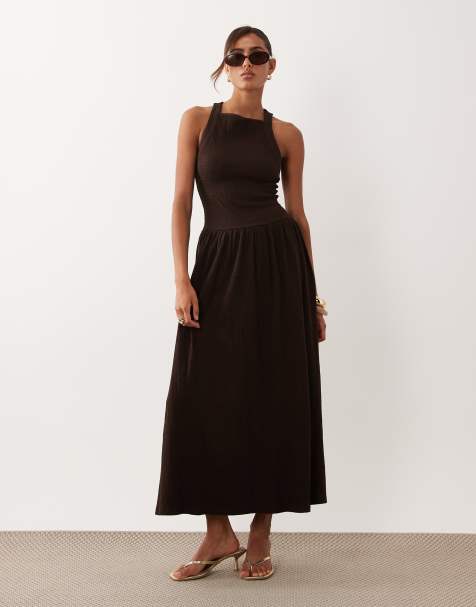 ASOS DESIGN - Vestido midi marrón chocolate con tirantes cruzados en la espalda de tejido rugoso - view 1