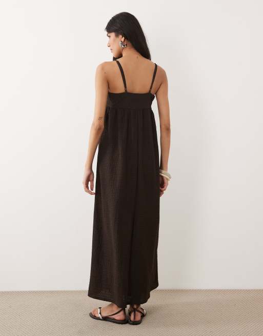 ASOS DESIGN - Vestido midi marrón con escote cuadrado de tejido texturizado, 4 de 4
