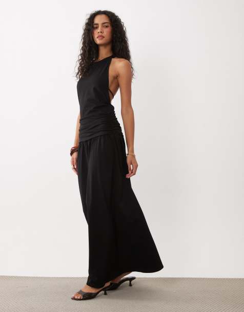 ASOS DESIGN - vestido midi negro con cintura baja, espalda abierta y lazos - view 1