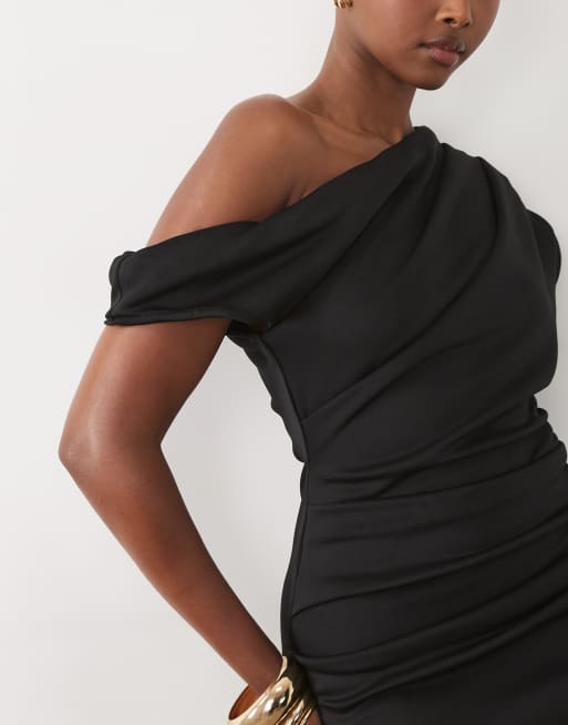 ASOS DESIGN - Vestido midi negro con escote Bardot asimétrico de tejido efecto neopreno, 2 de 4