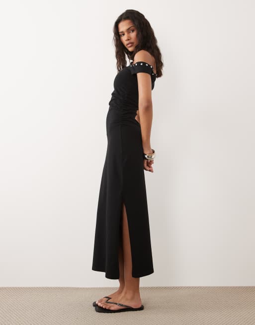 ASOS DESIGN - Vestido midi negro con escote Bardot y botones de presión, 2 de 4