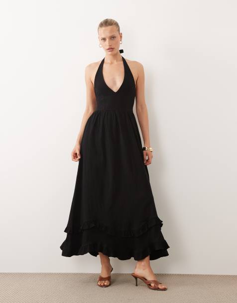 ASOS DESIGN - Vestido midi negro escalonado con cuello halter de croché - view 1
