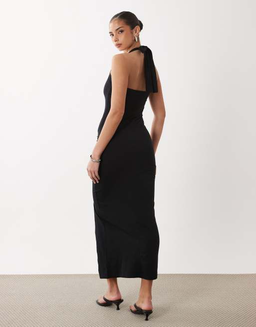 ASOS DESIGN - Vestido midi negro fruncido con cuello halter, 2 de 4