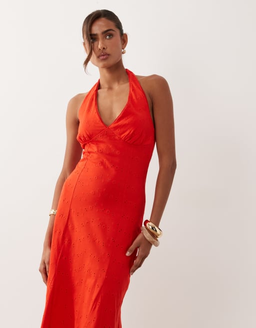 ASOS DESIGN - Vestido midi rojo con cuello halter y diseño bordado, 2 de 4