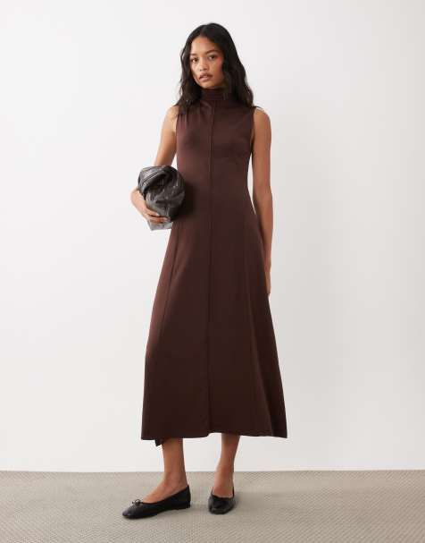 ASOS DESIGN - vestido midi sin mangas con costuras vistas en chocolate - view 1