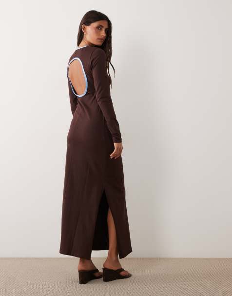 ASOS DESIGN - vestido midi tipo camiseta de manga larga con detalle ringer en chocolate - view 1