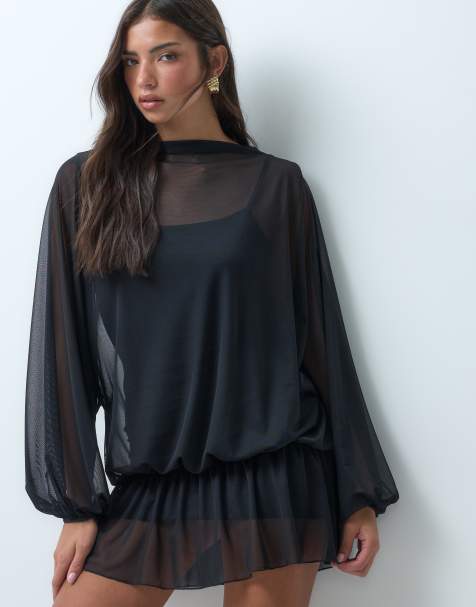 ASOS DESIGN vestido mini blusón de malla con drapeado en negro - view 1