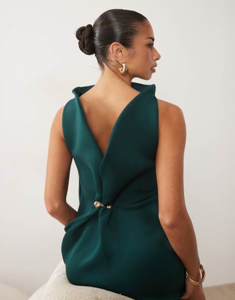 ASOS DESIGN - Vestido mini con cuello alto y abertura, detalle trasero ribeteado, en tejido estilo scuba verde botella - view 1