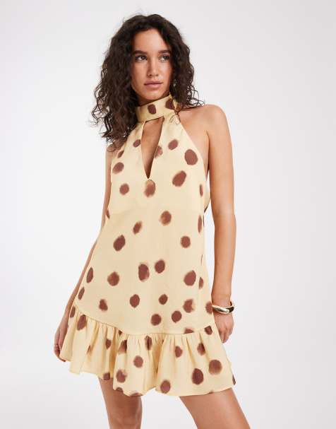 ASOS DESIGN - vestido mini con cuello halter y pañuelo con estampado de lunares difuminados - view 1