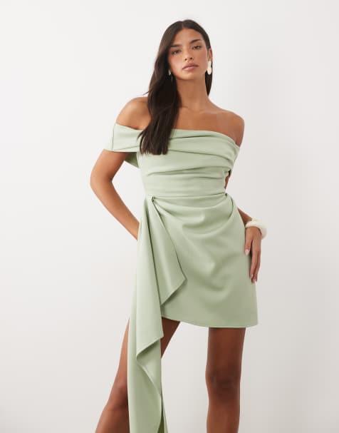 ASOS DESIGN - Vestido mini con escote Bardot y drapeado, falda asimétrica y tejido estilo scuba en salvia - view 1