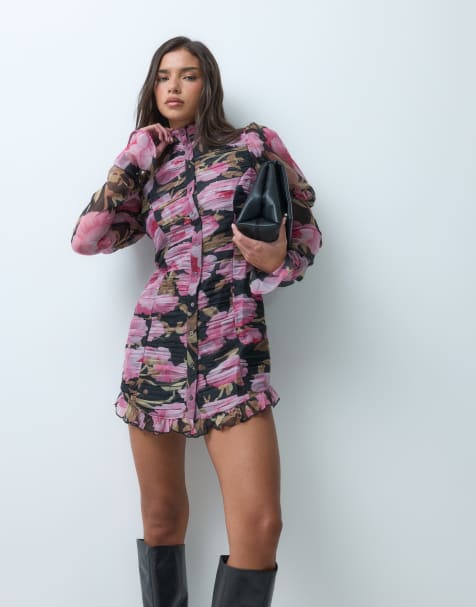 ASOS DESIGN - vestido mini de gasa con corsé, mangas abullonadas acampanadas y estampado floral sobre fondo oscuro - view 1