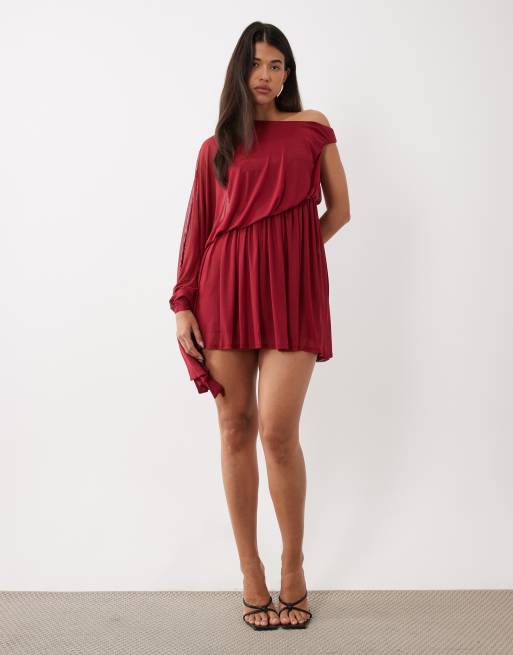 ASOS DESIGN - vestido mini de malla asimétrico de una sola manga en berry, 2 de 4