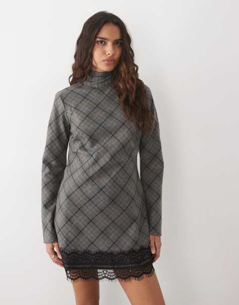 ASOS DESIGN - vestido mini de manga larga con cuello alzado y bajo de encaje en cuadro cepillado - view 1