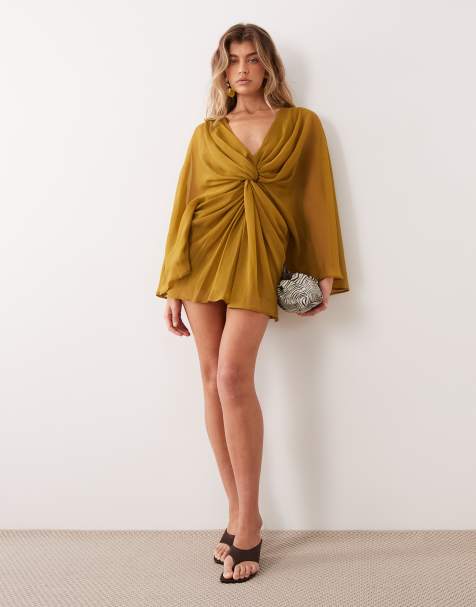 ASOS DESIGN vestido mini de manga larga con nudo delantero y espalda descubierta en ocre - view 1