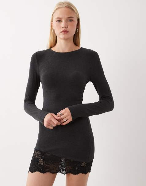 ASOS DESIGN - vestido mini de manga larga con ribete de encaje en negro - view 1