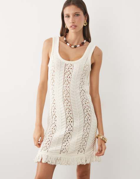 ASOS DESIGN - vestido mini de punto croché con flecos en crudo - view 1
