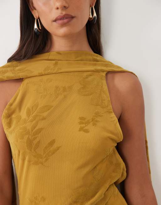 ASOS DESIGN - vestido mini floral flocado con detalle de bufanda con flecos en oliva, 3 de 4