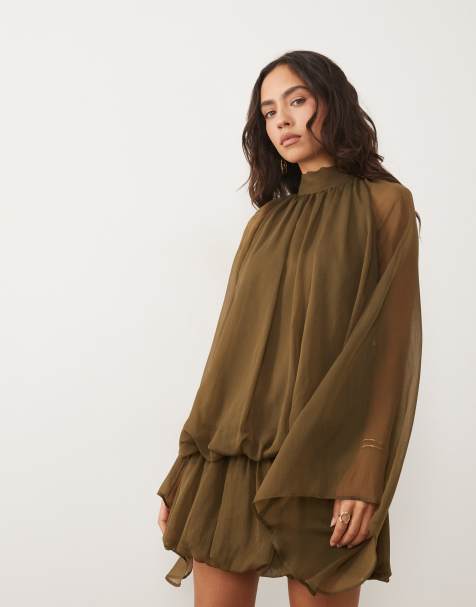 ASOS DESIGN - vestido mini globo con cuello anudado en caqui - view 1