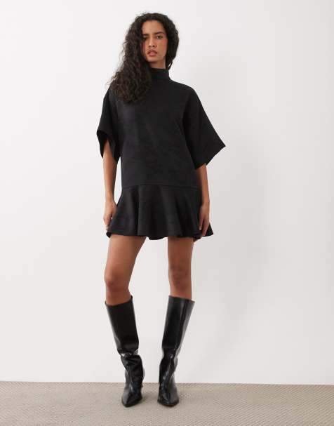 ASOS DESIGN - vestido mini holgado con cuello alzado en jacquard negro - view 1