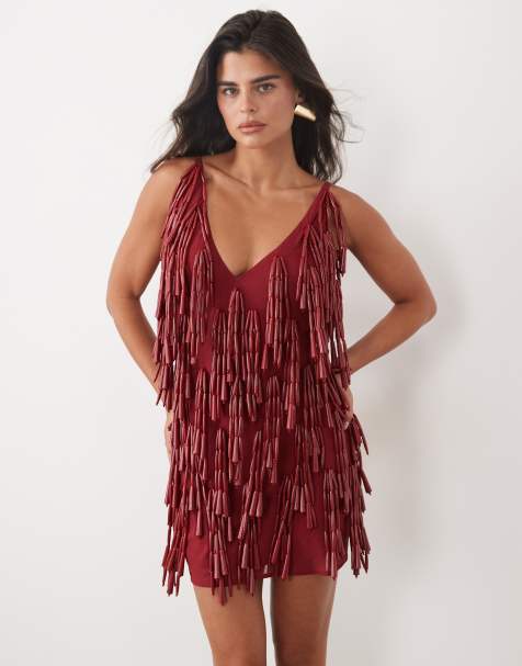 ASOS DESIGN - Vestido mini tipo camisola con escote pronunciado y cuentas gruesas en rojo - view 1