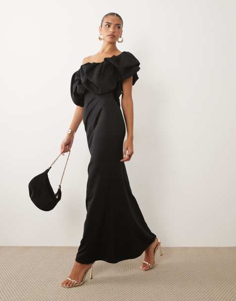 ASOS DESIGN - Vestido negro asimétrico y largo hasta el suelo con acabado fruncido - view 1