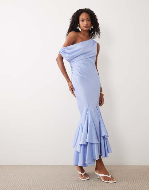 ASOS DESIGN - Vestido semilargo azul con hombro caído y bajo asimétrico de godets - view 1