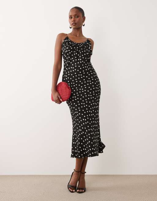 ASOS DESIGN - Vestido semilargo monocromático de corte al bies con estampado de lunares y cuello ancho, 2 de 4