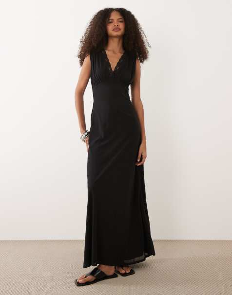 ASOS DESIGN - Vestido semilargo negro escotado con ribete de encaje - view 1