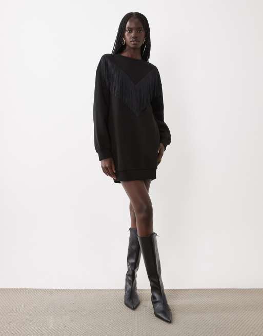 ASOS DESIGN Vestido sudadera con detalle de flecos en negro, 2 de 4