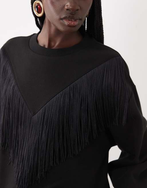 ASOS DESIGN Vestido sudadera con detalle de flecos en negro, 4 de 4