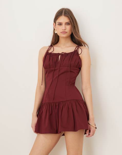 ASOS DESIGN - Vestido veraniego corto burdeos intenso con cintura baja y lazada en el pecho de algodón satinado - view 1