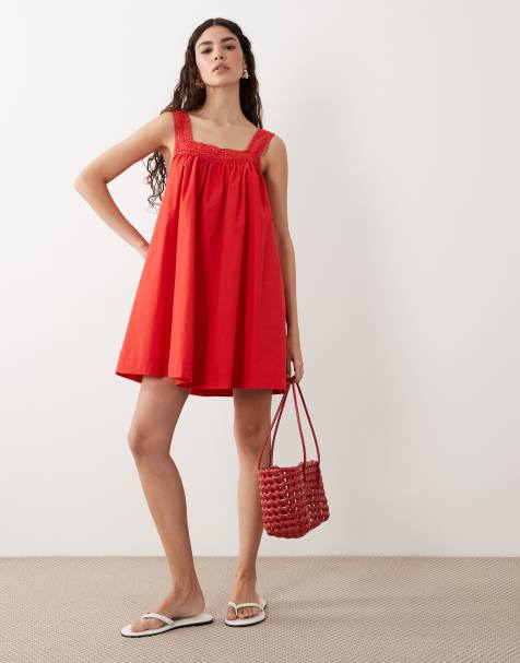 ASOS DESIGN - Vestido veraniego corto rojo con escote cuadrado y ribete de encaje - view 1