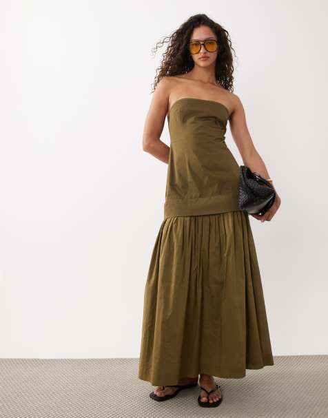 ASOS DESIGN - Vestido veraniego largo verde oliva de algodón satinado con escote palabra de honor, cintura baja y falda de popelina - view 1