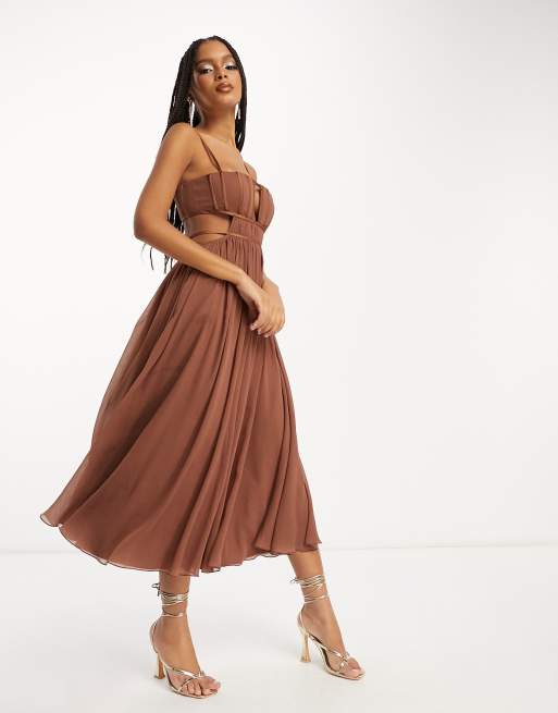 ASOS DESIGN Vestiti skater midi con corsetto con fascette e cut out color cioccolato ASOS