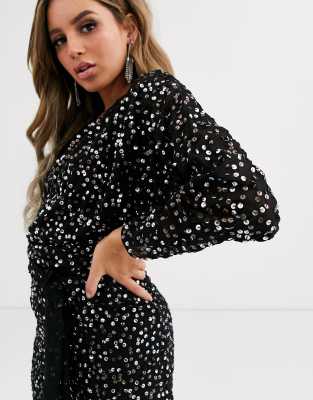 Vestitino con vita a portafoglio, maniche a pipistrello e paillettes sparse-Nero - ASOS DESIGN  donna Nero - immagine1