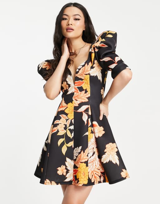 ASOS DESIGN - Vestitino skater nero a fiori con cuciture